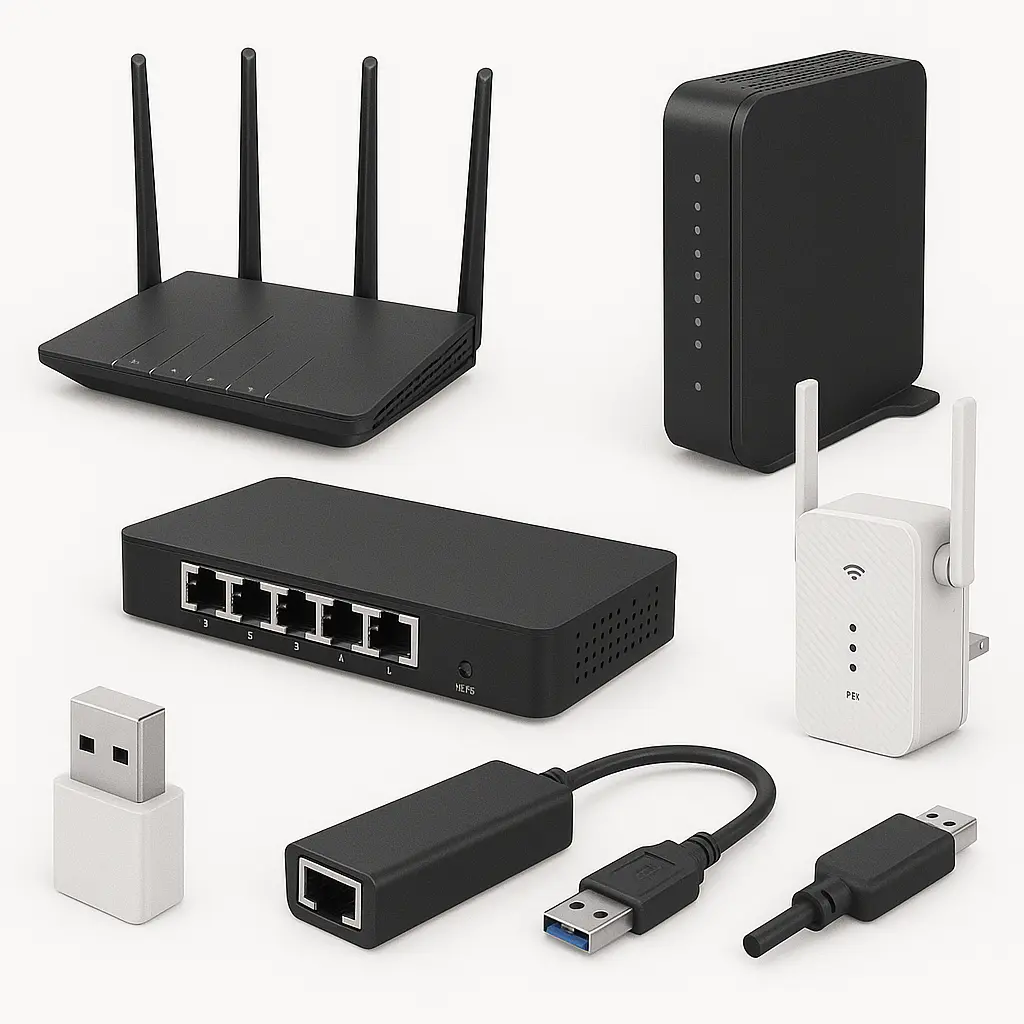 Routers, Modems, LAN Switches, Wi-Fi Extenders, Dongles and other networking devices
