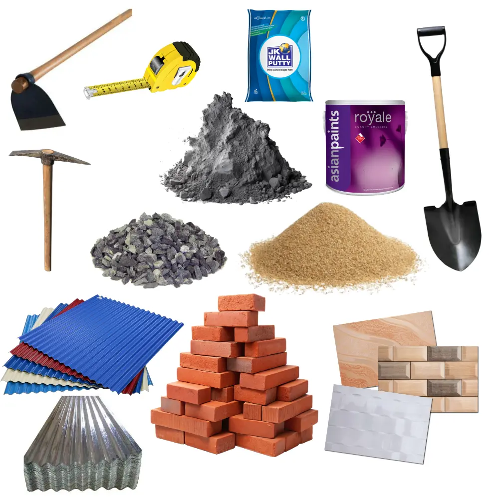 Sand, Brick, Cement, Paints, Ceramic Tiles, CGI Sheet, Profile Sheet, Shovel, Measuring Tape, Powrah, Pickaxe and other construction & agricultural items