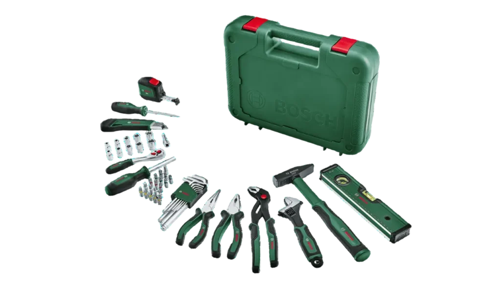 Range of hand tools including Tool Kits, Spanner Set, Screwdriver Set, Pliers, Hammer, Wrench, Allen Keys, Chisels, Utility Knife