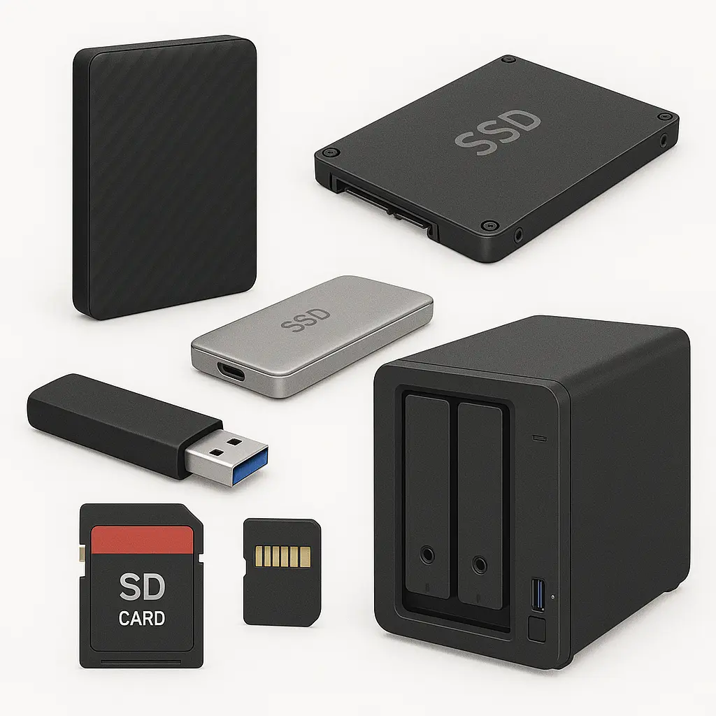 External Hard Drives, SSDs, Pen Drives, SD Cards, NAS Devices and other data storage devices