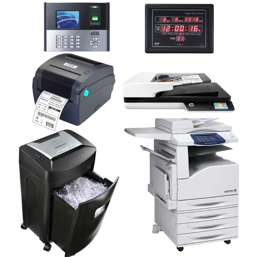 Paper Shredding Machine, Scanners, Biometric Attendance Machines, Photocopiers, Label Printers, Digital Clocks and other electronics