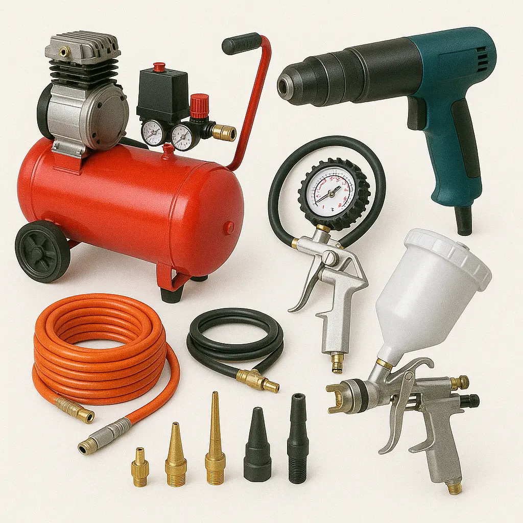 Air Compressor, Pneumatic Drill, Spray Gun, Tyre Inflator, Air Hose, Nozzle Set and other compressors & pneumatic tools