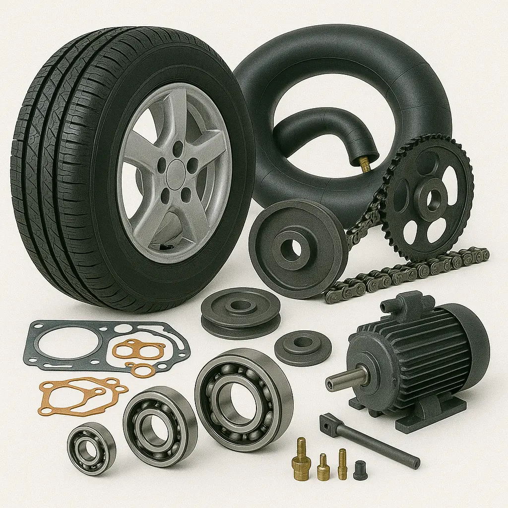 Tyres, Bearings, Tubes, Belts, Pulleys, Chains, Axles, Gasket Kits, Wheel Assemblies, Motor Parts and other mechanical spares, motors & accessories